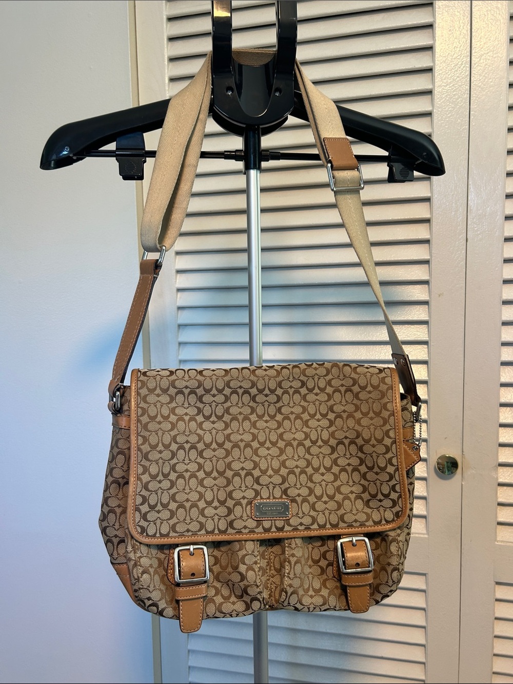 Coach Brown Signature Canvas Crossbody Bag with Tan Leather Trim